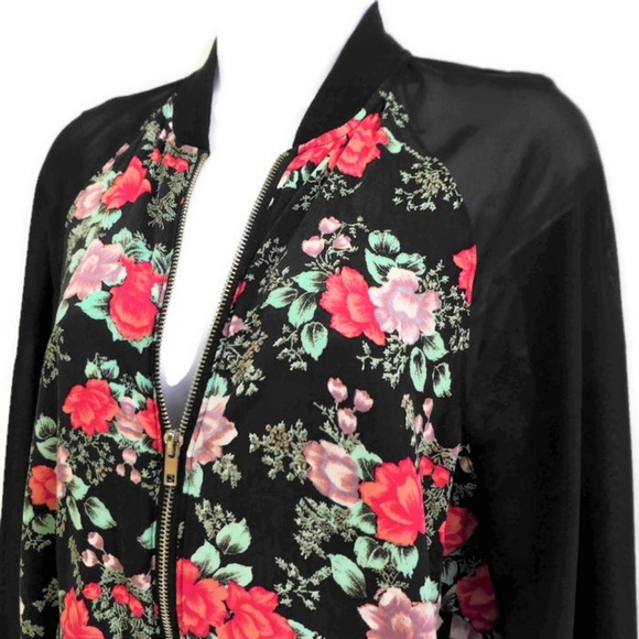 Kendall & Kylie Bomber Jacket Zip Floral Sheer Raglan Sleeve Lightweight S - Picture 2 of 8